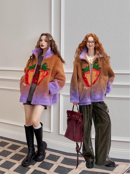 變色草莓仿羊毛短外套 X3455