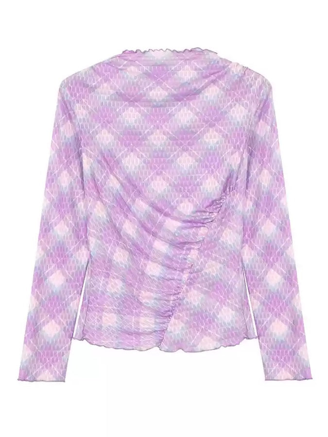 Flower Check Pattern Layered Mesh O-Neck Long Sleeve Bottoming Shirt T-Shirt Pullover X2853