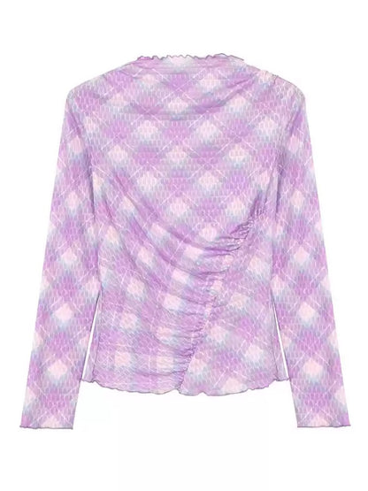 Flower Check Pattern Layered Mesh O-Neck Long Sleeve Bottoming Shirt T-Shirt Pullover X2853