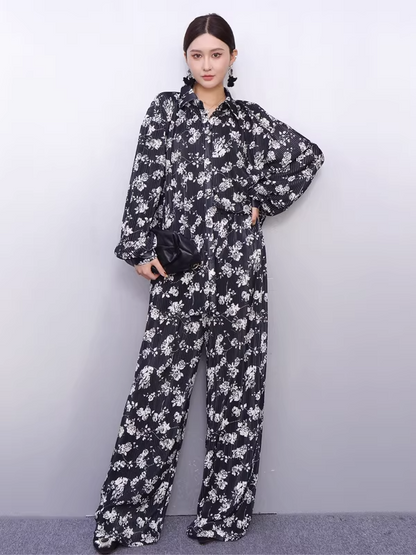 Draped Floral Print Shirt & Wide-Leg Pants Set X3519