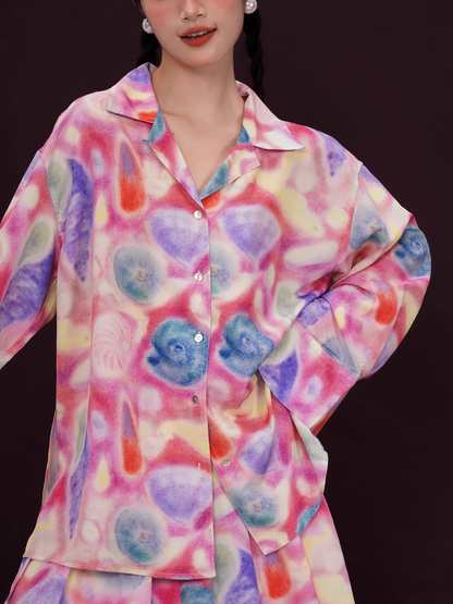 Colorful Seashell Print Long-Sleeve Shirt/Skirt X3392