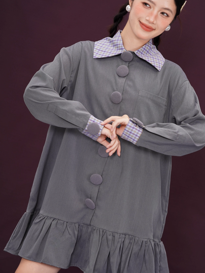Covered Button Rainbow Plaid Vintage Short Dress X3393