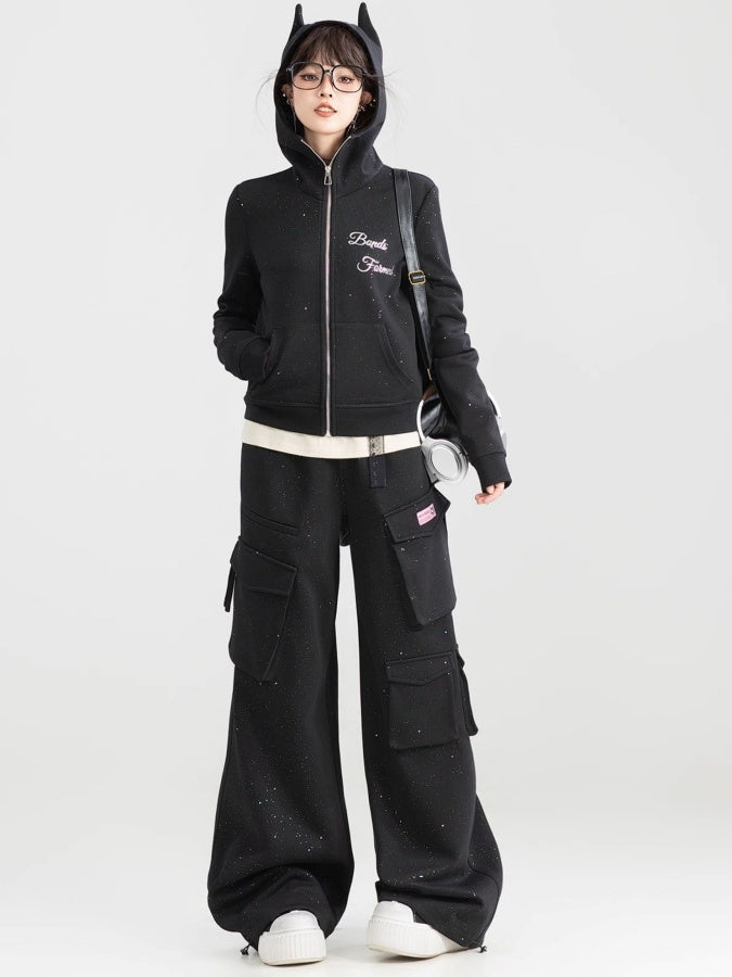 Decoration Hoodie/Loose Straight Side Pocket Pants X2981