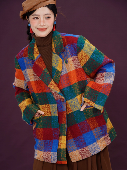 Colorful Rainbow Plaid Thick Oversized Blazer X3395