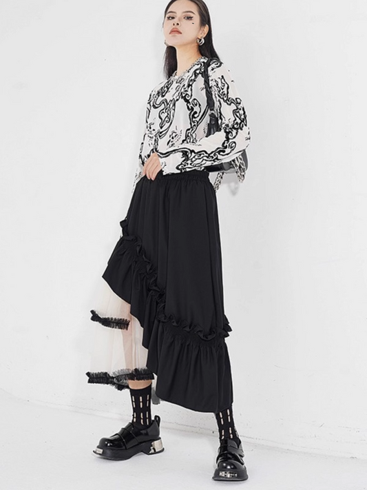 Vintage Mesh Panel Tiered Midi Skirt　X3235