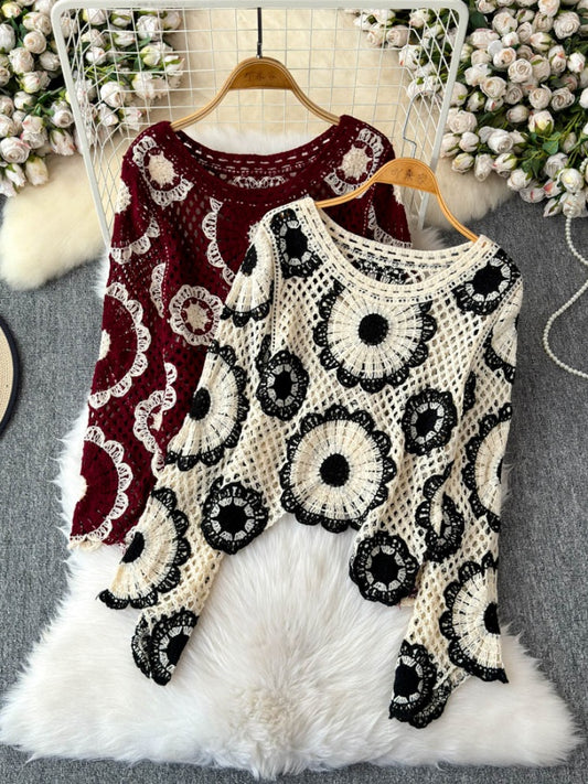 Bohemian Monotone Flower Knit Sweater　X2905