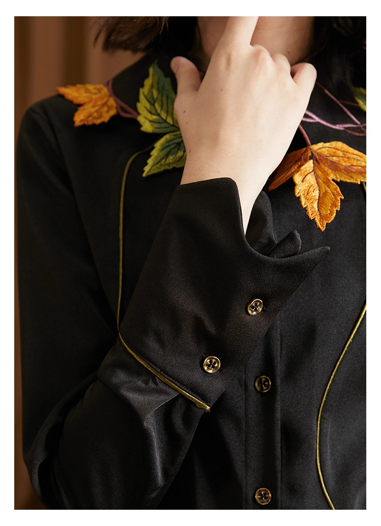 Leaf & Berry Embroidered Glossy Shirt　X3444