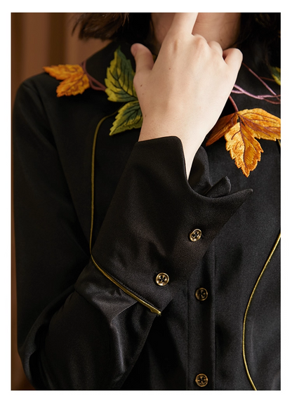 Leaf & Berry Embroidered Glossy Shirt　X3444