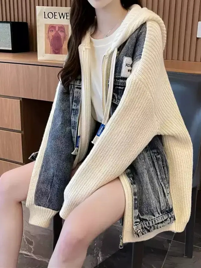 Denim patchwork knit sweater jacket X2940