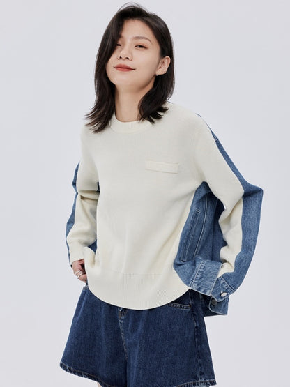 Bicolor denim knit sweater pullover X2782