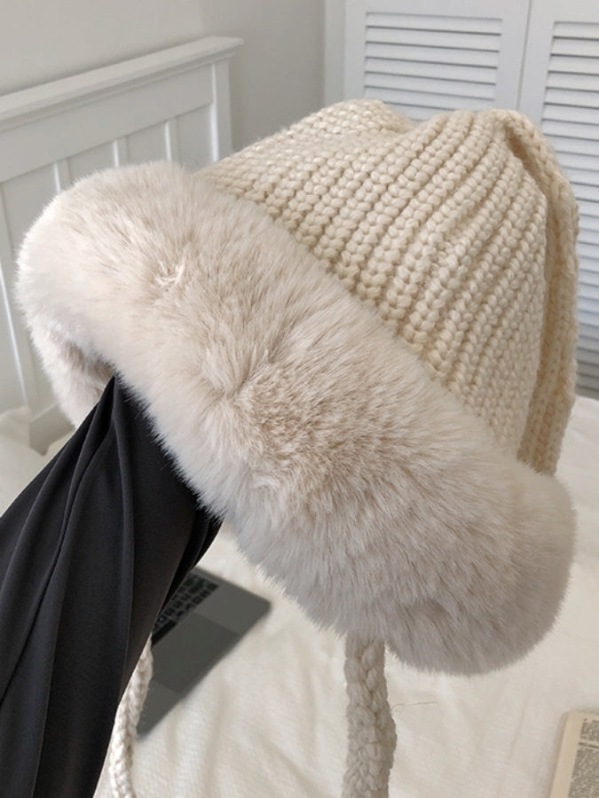 Rabbit ear motif fur knit cap X2537