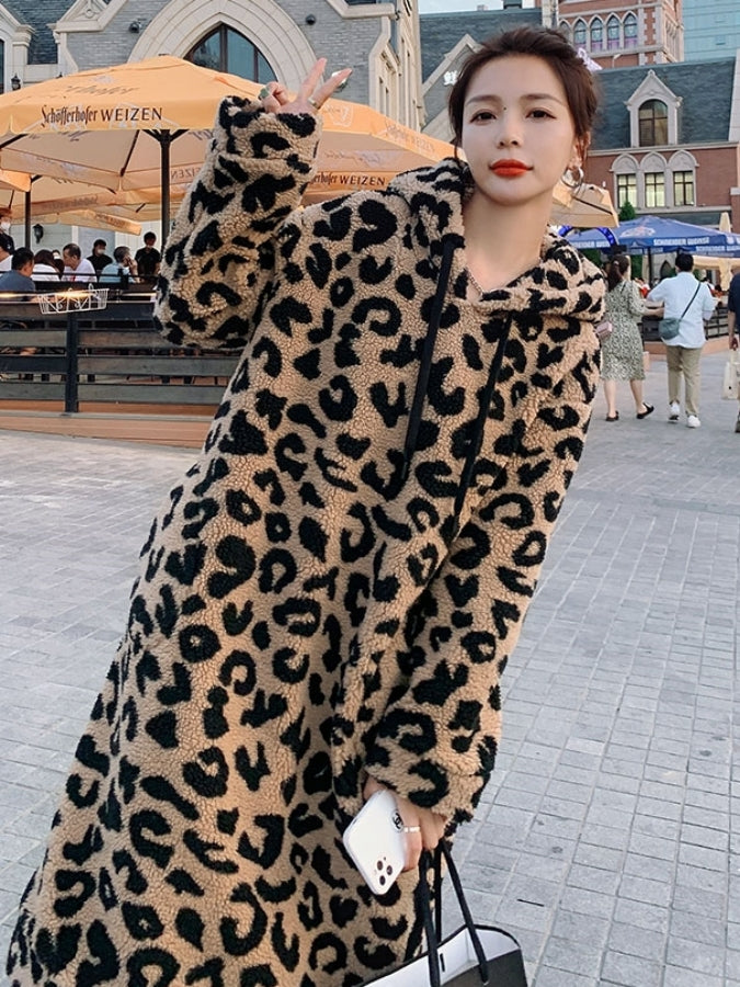 Leopard pattern hood dress X2534