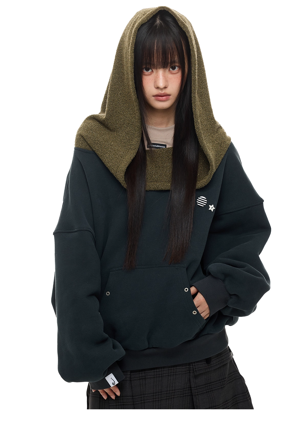 Layered-Look Off-Shoulder High-Neck Hoodie　X3485