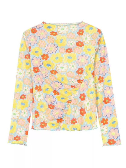 Flower Check Pattern Layered Mesh O-Neck Long Sleeve Bottoming Shirt T-Shirt Pullover X2853