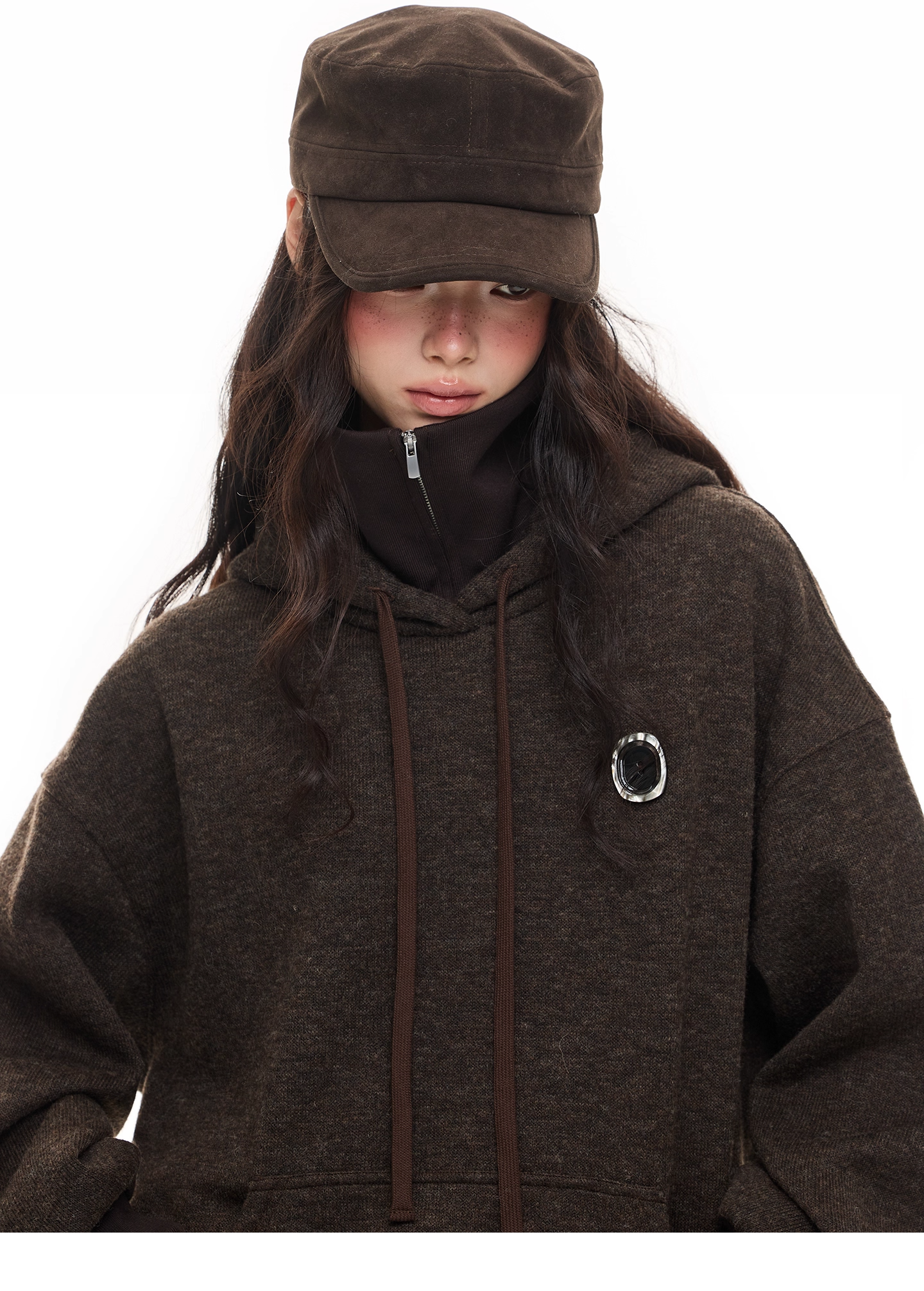 Layered-Look High-Neck Hoodie & Long Skirt 　X3484