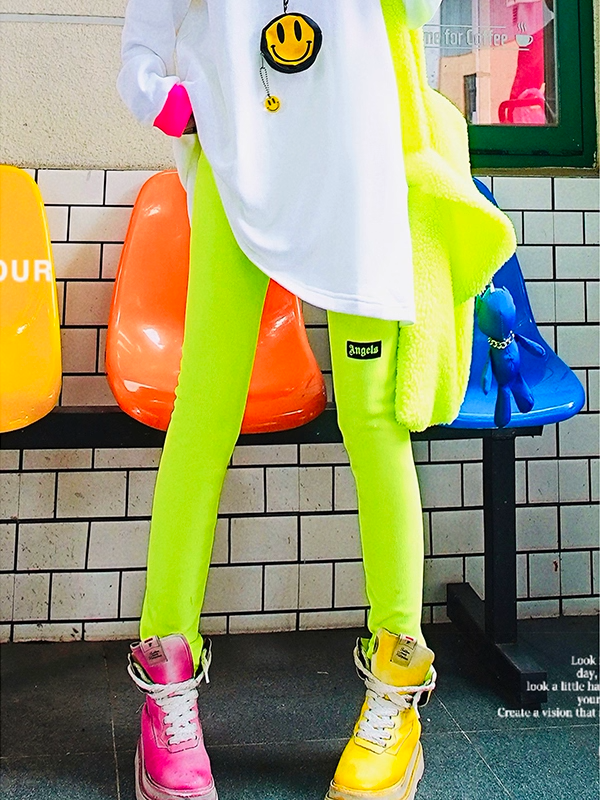 Neon Green Letter Patch Fleece Leggings X3412