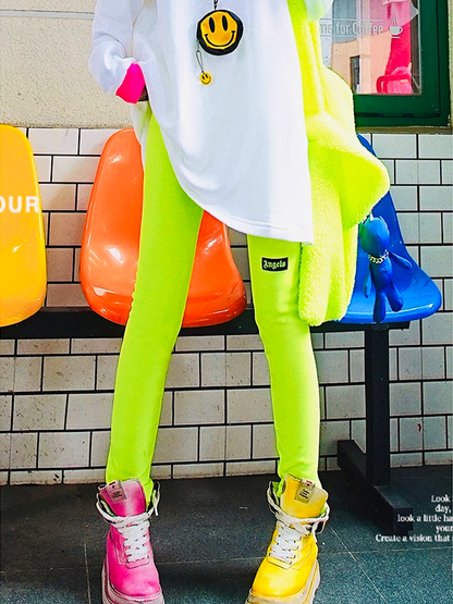 Neon Green Letter Patch Fleece Leggings X3412