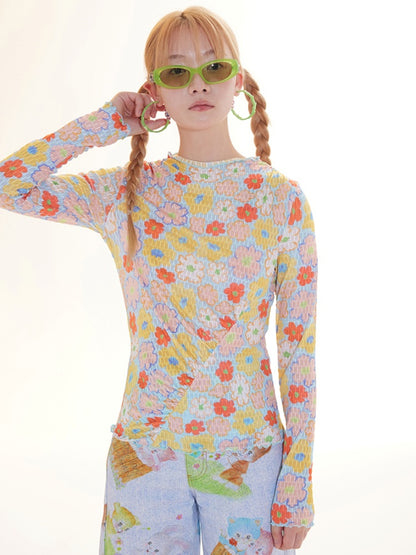 Flower Check Pattern Layered Mesh O-Neck Long Sleeve Bottoming Shirt T-Shirt Pullover X2853