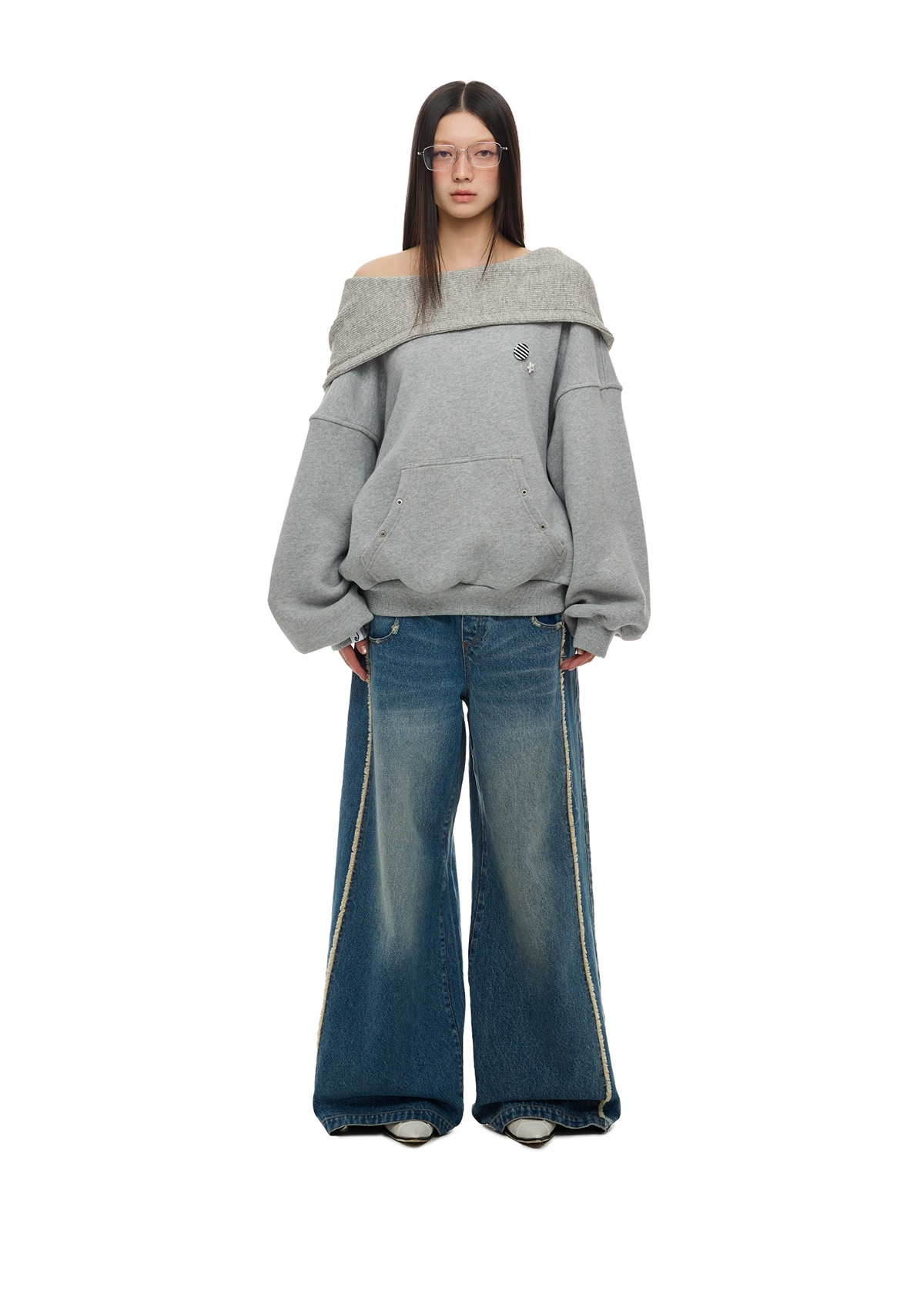 Layered-Look Off-Shoulder High-Neck Hoodie　X3485