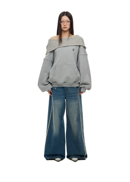 Layered-Look Off-Shoulder High-Neck Hoodie　X3485