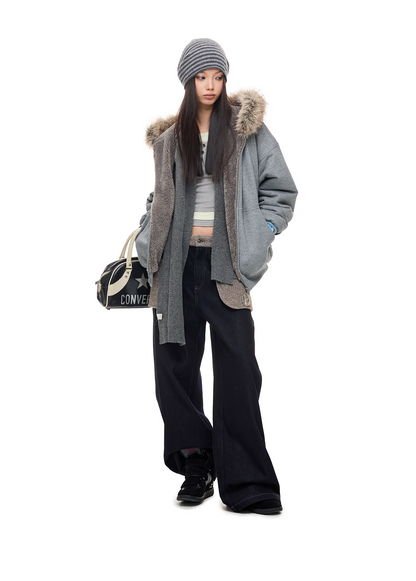 Warm Winter Retro Raw-Color Curved-Leg Denim Pants　X3486