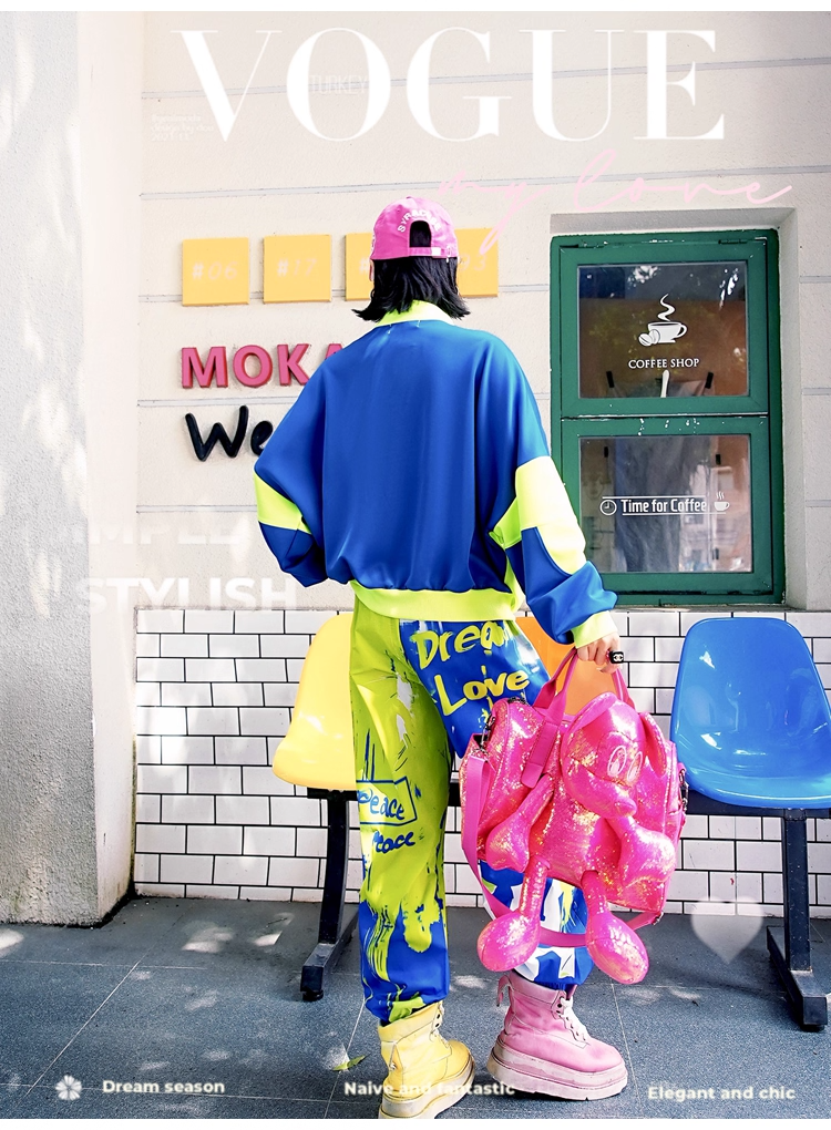 Blue × Neon Green Colorblock Hoodie　X3414