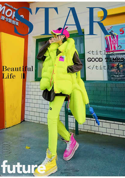 Neon Color Letter Patch Padded Vest　X3429