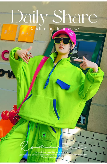 Neon Color Contrast-Zip High-Neck Fleece-Lined Sweatshirt　X3499