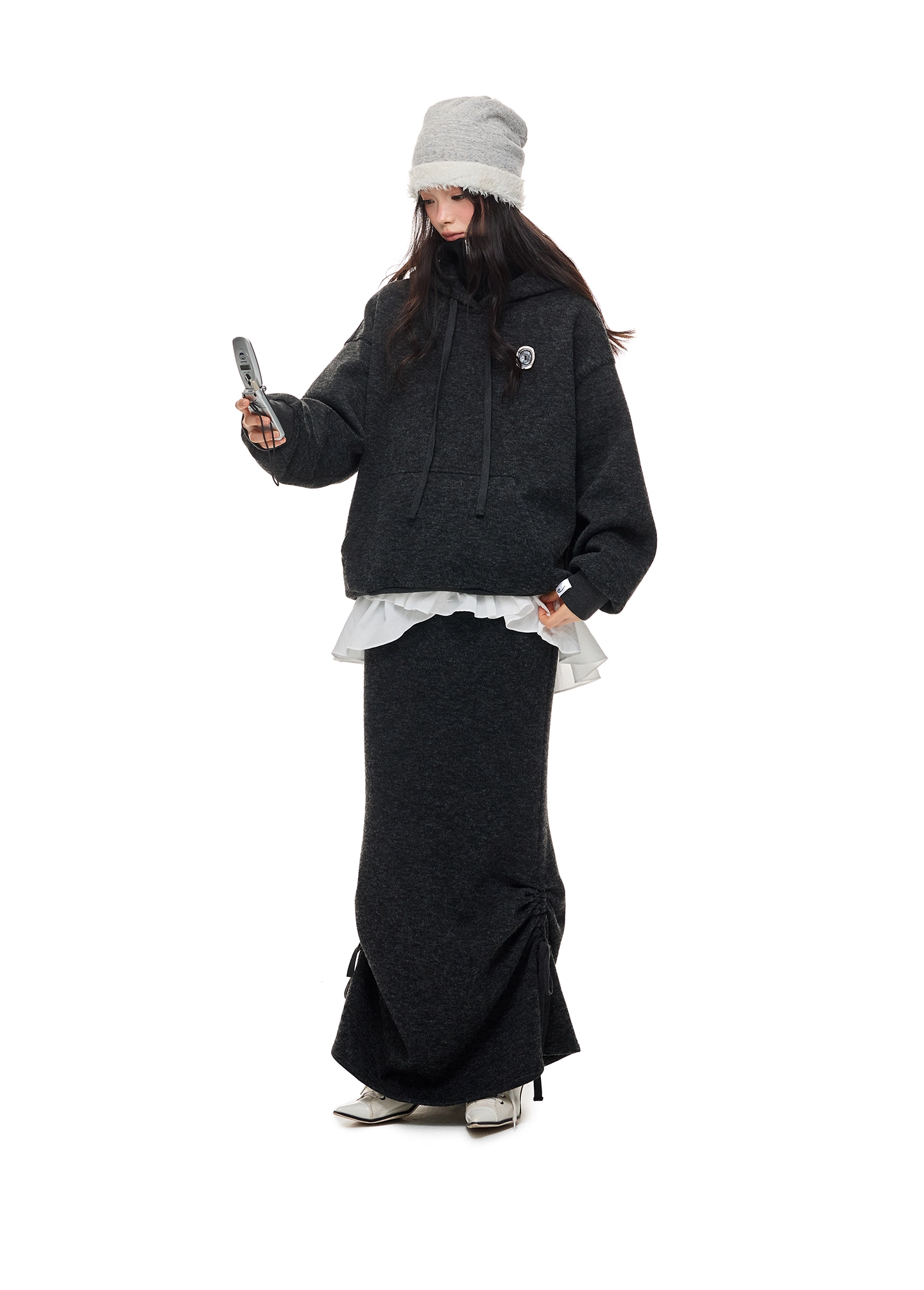Layered-Look High-Neck Hoodie & Long Skirt 　X3484