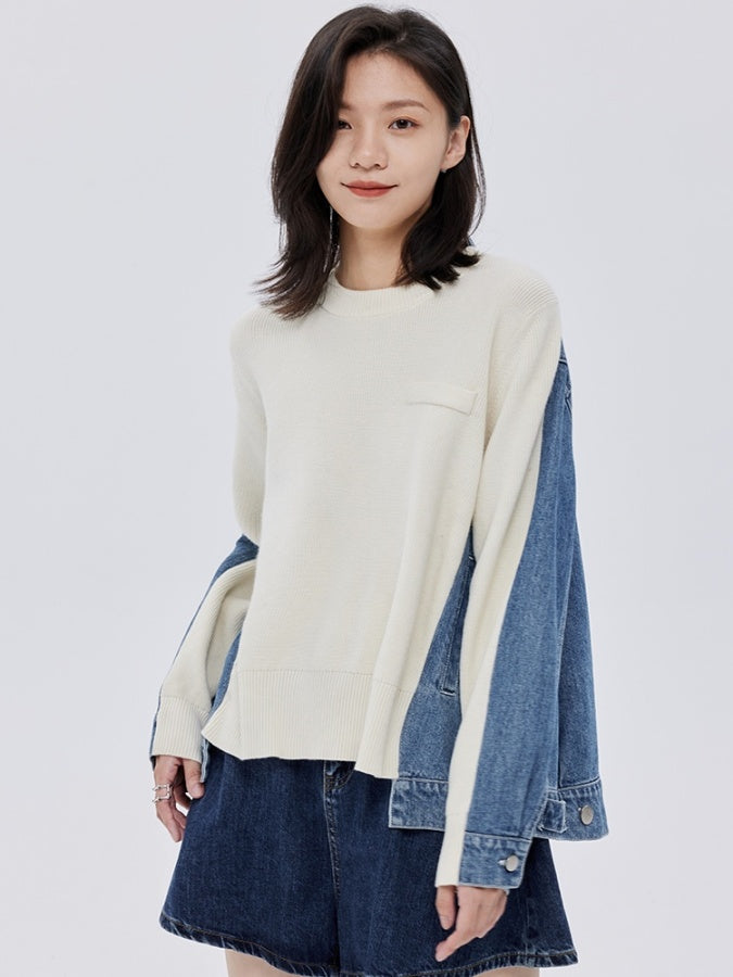 Bicolor denim knit sweater pullover X2782