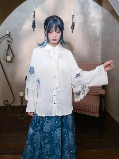 Doll collar ribbon fringe sleeve shirt X2832