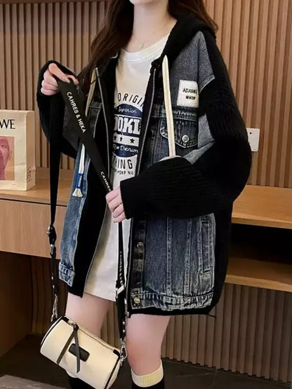 Denim patchwork knit sweater jacket X2940