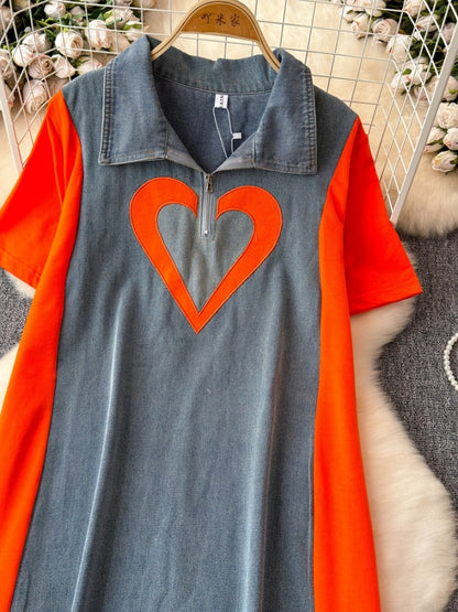 Bicolor Heart Denim Dress X2770