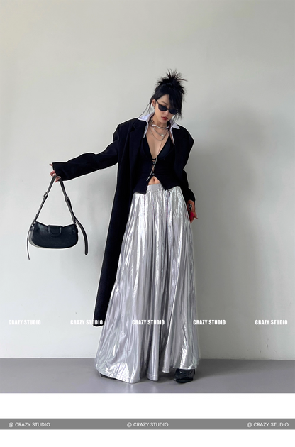 Liquid Silver Metallic A-Line Maxi Skirt　X3337