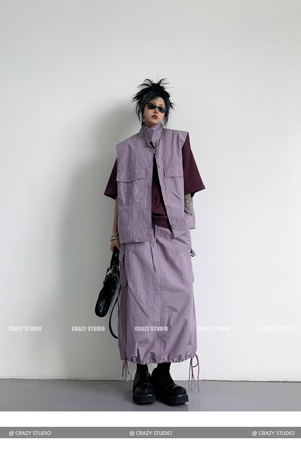 Vintage Purple Utility Vest & Drawstring Skirt Set　X3339