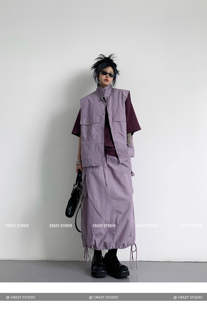 Vintage Purple Utility Vest & Drawstring Skirt Set　X3339