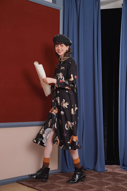 Vintage Animal Illustration Print Long Dress　X3348