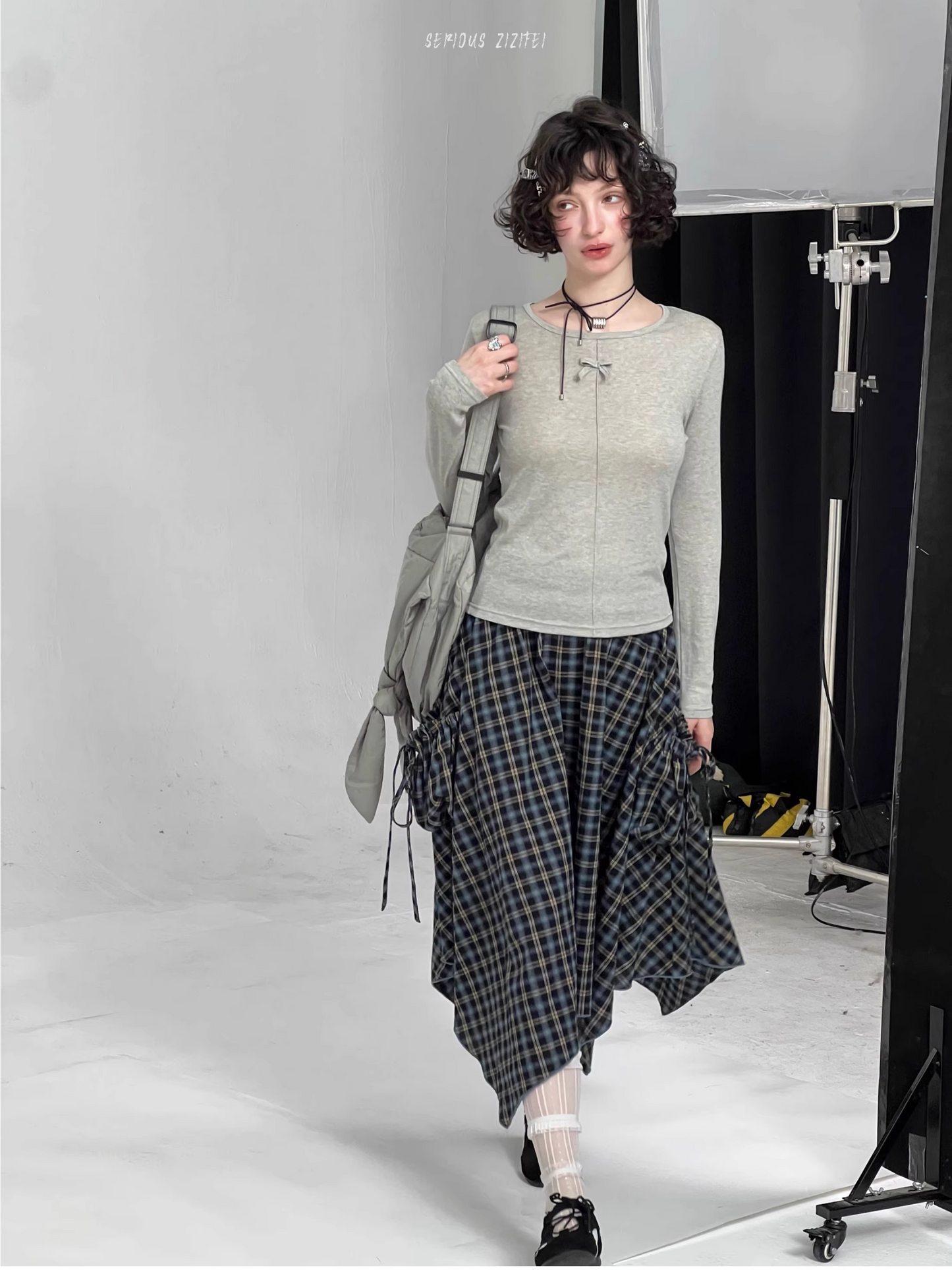 Blue Check High Waist Asymmetrical Skirt　X3384
