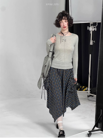 Blue Check High Waist Asymmetrical Skirt　X3384