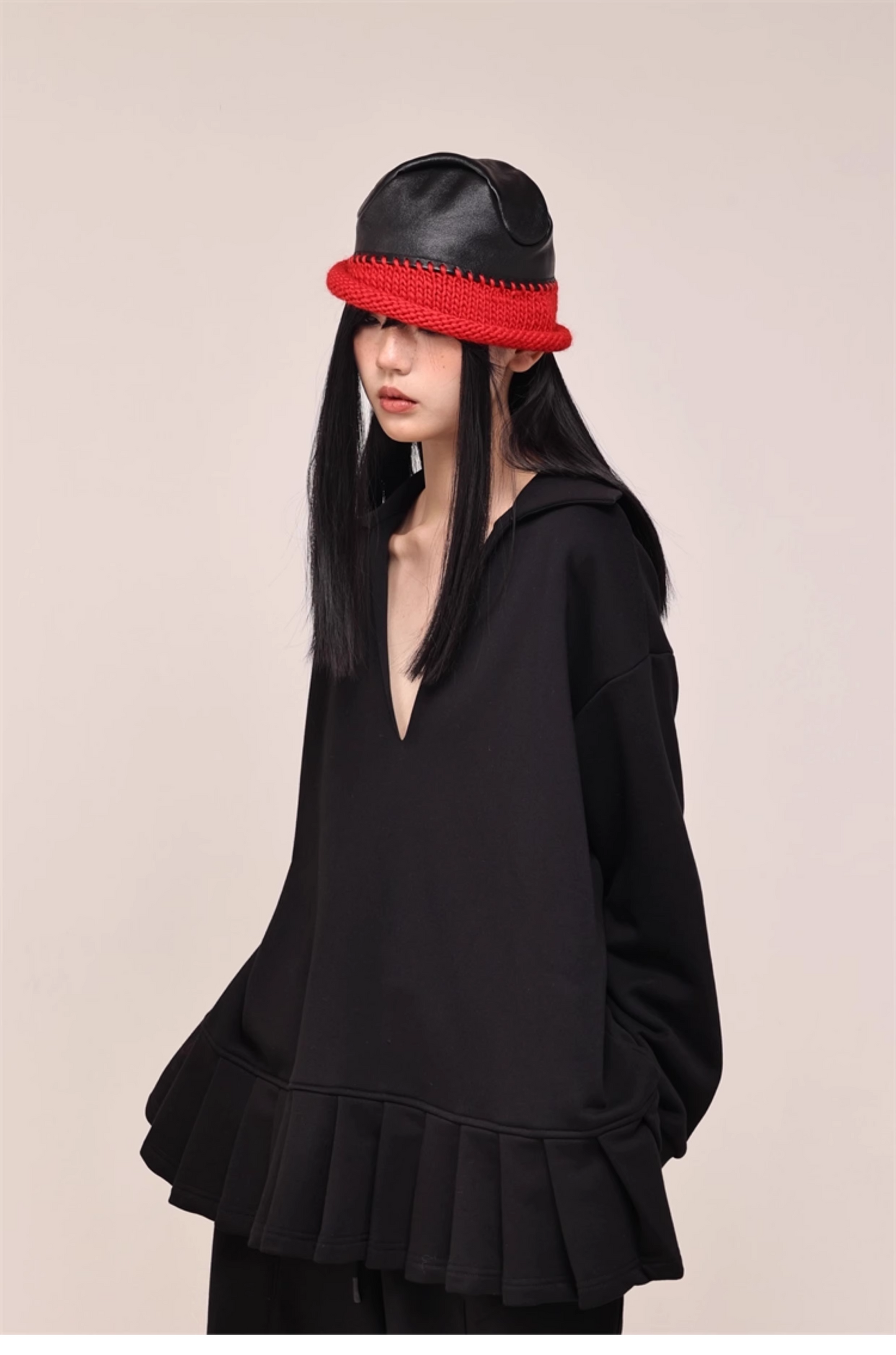 Asymmetric PU-Leather Wool Knit Bucket Hat　X3441