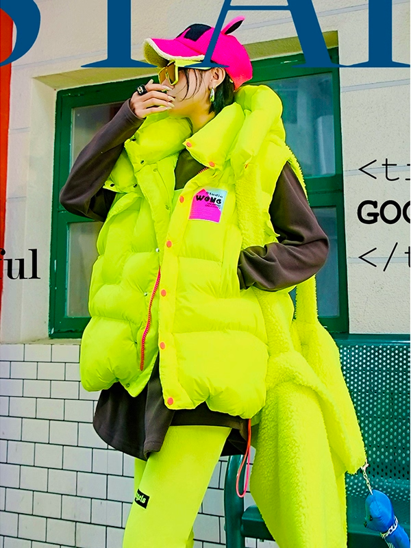 Neon Color Letter Patch Padded Vest　X3429