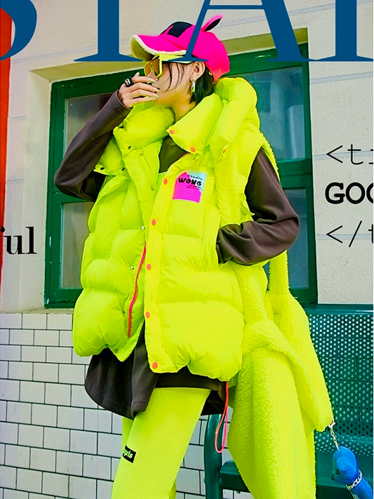 Neon Color Letter Patch Padded Vest　X3429