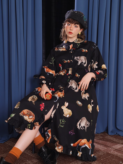 Vintage Animal Illustration Print Long Dress　X3348