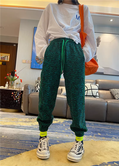 秋季豹紋高腰修身抽繩慢跑運動褲 X3501