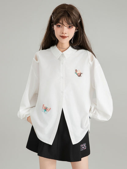 Butterfly motif open back puff sleeve shirt X2766