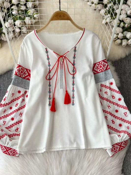 Ethnic V-neck Lantern Sleeve Pullover X2909