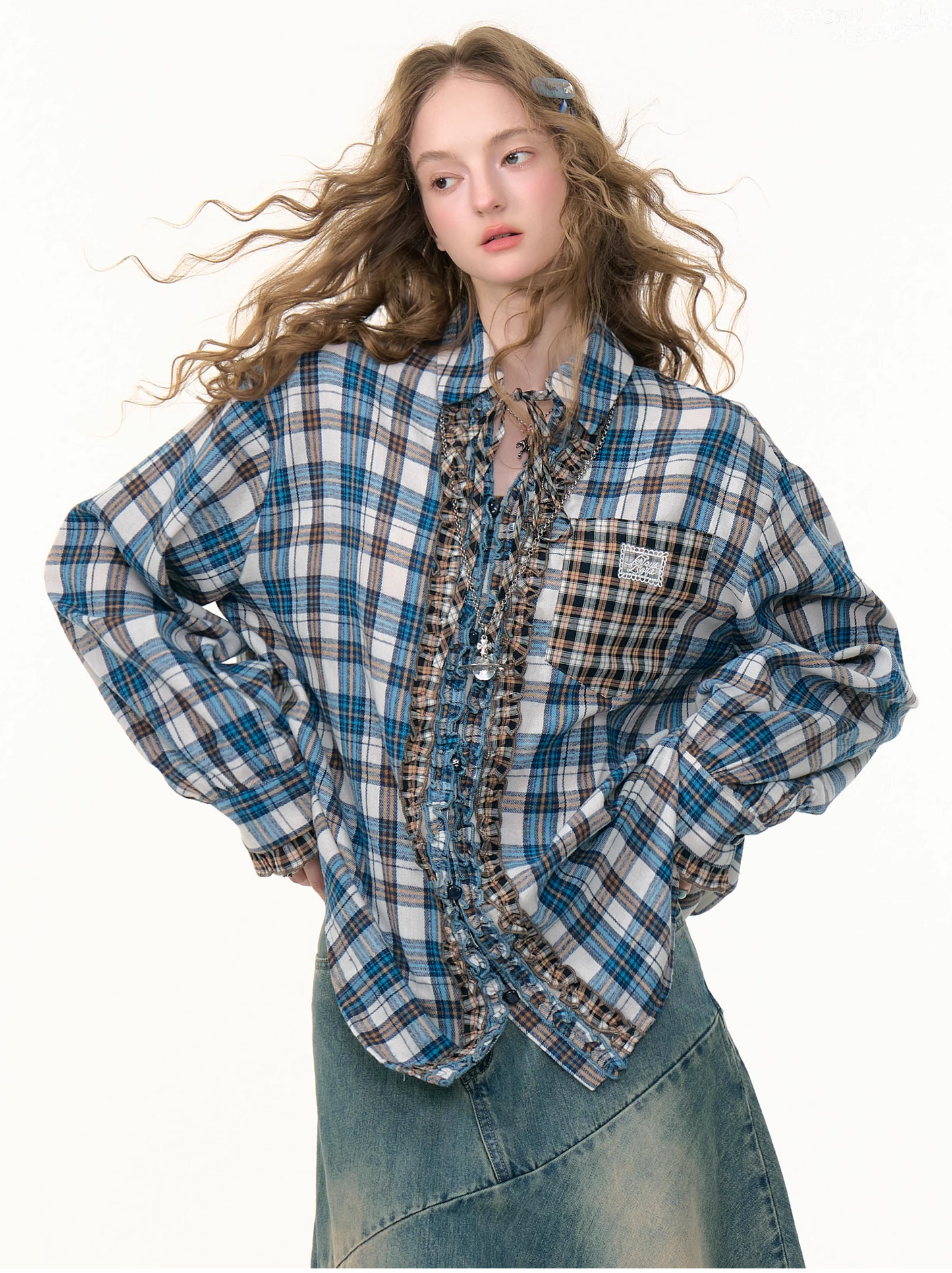 Vintage Check Frill Blouse　X3382