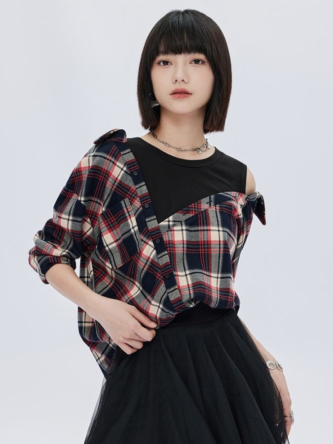 Fake two-piece check pattern shirt X2783