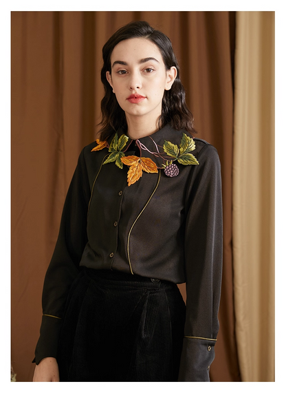 Leaf & Berry Embroidered Glossy Shirt　X3444