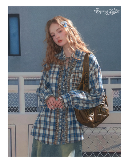 Vintage Check Frill Blouse　X3382